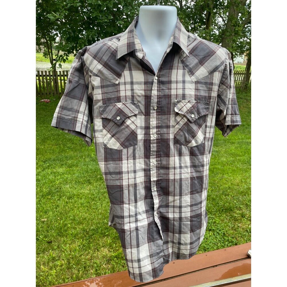 Plaid Western Shirt By Plains Button-Up Snap Pockets Short Sleeve Gray/White/Red